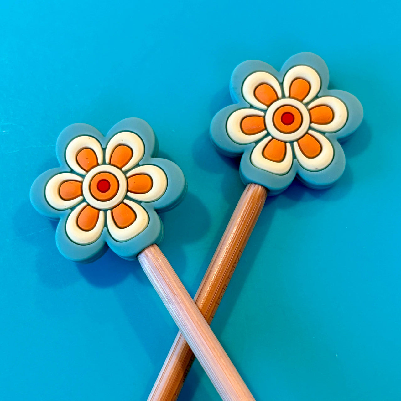 Knitting Needle Point Protectors Retro Blue Flower